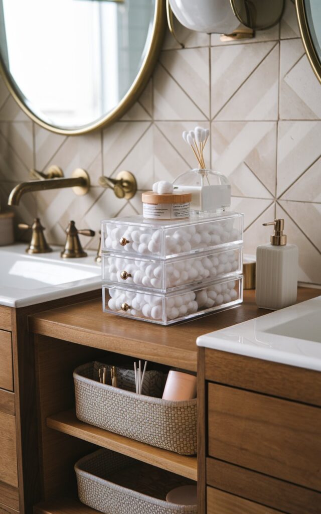 A photo of a mid-century modern bathroom with a sleek, walnut vanity. The vanity has stacked acrylic drawers neatly organizing cotton balls and swabs. The drawers sit atop the vanity, which is surrounded by retro-inspired brass fixtures and geometric patterned tiles. The vanity also holds other essentials in baskets and a tray. Soft natural light illuminates the clutter-free, functional storage, keeping the essentials visible yet tidy and perfectly matching the minimalist and stylish mid-century vibe.