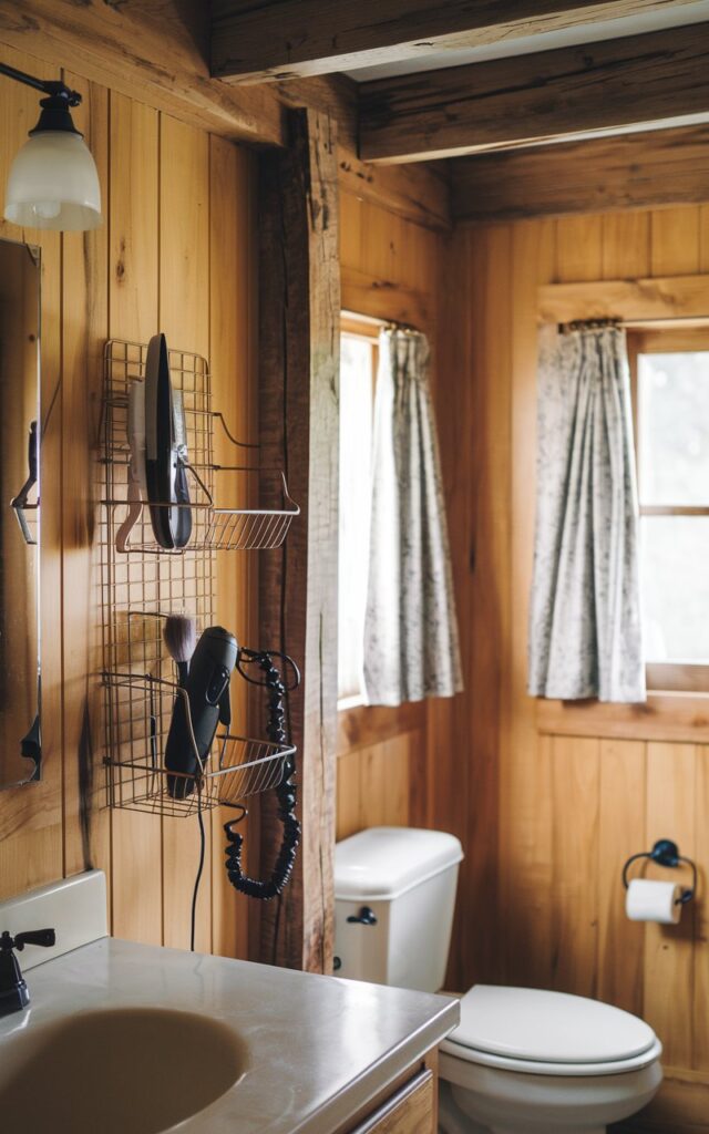 A photo of a rustic bathroom with warm wood-paneled walls and exposed beams. There is a sturdy wire file organizer mounted to the wall, which is holding a flat iron, hairdryer, and brushes. The organizer keeps these items off the countertop and within easy reach. The bathroom has a vanity, a toilet, and a curtained window. The room is bathed in soft natural light.