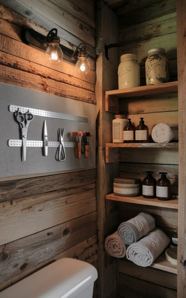 A photo of a rustic bathroom with weathered wooden walls. There's a sturdy magnetic strip mounted horizontally, holding metal grooming tools like scissors, tweezers, and nail clippers. Nearby, vintage mason jars and rough-hewn wooden shelves display natural soaps and rolled linen towels. The room has warm, soft lighting, highlighting the rugged textures and practical organization. The overall space has a charming farmhouse vibe.