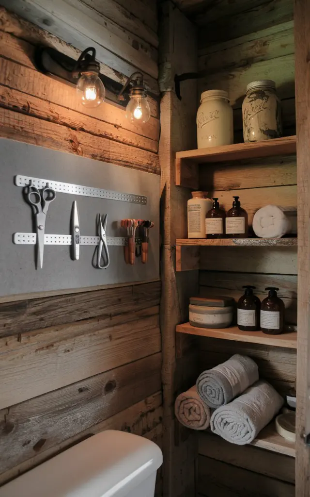 A photo of a rustic bathroom with weathered wooden walls. There's a sturdy magnetic strip mounted horizontally, holding metal grooming tools like scissors, tweezers, and nail clippers. Nearby, vintage mason jars and rough-hewn wooden shelves display natural soaps and rolled linen towels. The room has warm, soft lighting, highlighting the rugged textures and practical organization. The overall space has a charming farmhouse vibe.