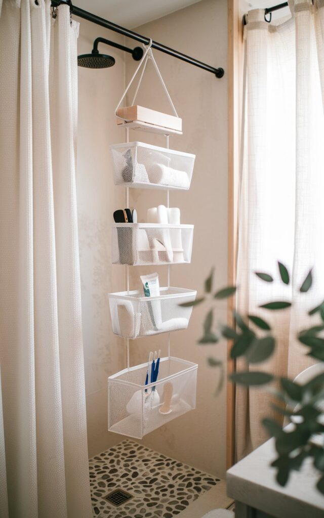 A photo of a Scandinavian-inspired bathroom with a clean, minimalist aesthetic and soft neutral tones. There is a matte black shower curtain rod with sleek hanging organizers in white mesh or canvas. The organizers hold bath essentials like shampoo, sponges, and razors. The bathroom has light wood accents, a pebble-patterned shower floor, and subtle greenery. The hanging storage keeps everything tidy and accessible without cluttering the space. Natural light is soft, filtered through a curtained window.