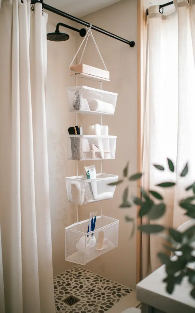 A photo of a Scandinavian-inspired bathroom with a clean, minimalist aesthetic and soft neutral tones. There is a matte black shower curtain rod with sleek hanging organizers in white mesh or canvas. The organizers hold bath essentials like shampoo, sponges, and razors. The bathroom has light wood accents, a pebble-patterned shower floor, and subtle greenery. The hanging storage keeps everything tidy and accessible without cluttering the space. Natural light is soft, filtered through a curtained window.