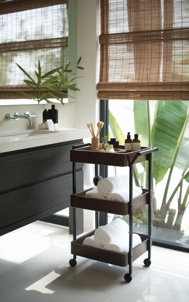 A photo of a Balinese-modern bathroom with a sleek design. There is a slim rolling cart beside a minimalist vanity. The cart has dark wood and black metal accents and holds neatly organized spa essentials like rolled white towels, bamboo brushes, and fragrant oils. Natural light streams through woven bamboo blinds, highlighting clean lines and tropical greenery. The blend of contemporary design and Balinese warmth creates a serene, functional space perfect for effortless storage and style.