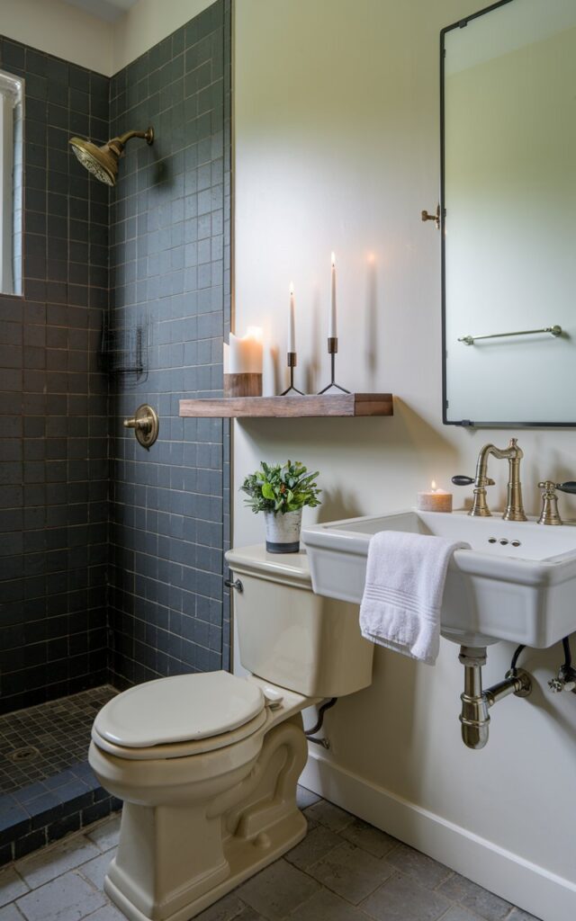 A photo of a modern craftsman bathroom with a sneak tiny shelf behind the toilet tank. The shelf is holding a few candles and a small plant. The bathroom has a beige toilet, a white sink with a brass faucet, and a dark gray shower. There is a white towel near the sink. The walls and floor are tiled.