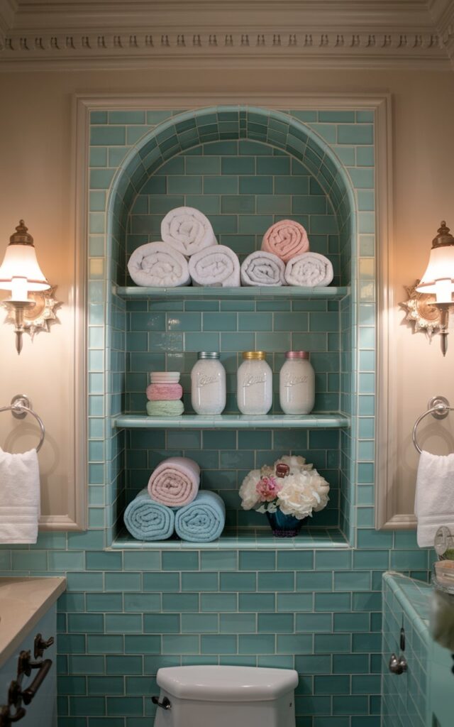 A photo of a Southern traditional bathroom with a charming niche built into the wall, lined with glossy turquoise tiles that add a refreshing pop of color. Inside the niche, open shelves hold neatly rolled white and pastel towels, along with essentials like soap bars, mason jars of cotton balls, and floral-scented lotions. The bathroom features ornate trim, vintage-style fixtures, and soft lighting, creating a warm, inviting atmosphere. The room also includes a vanity and a toilet. The natural light is soft and ambient.
