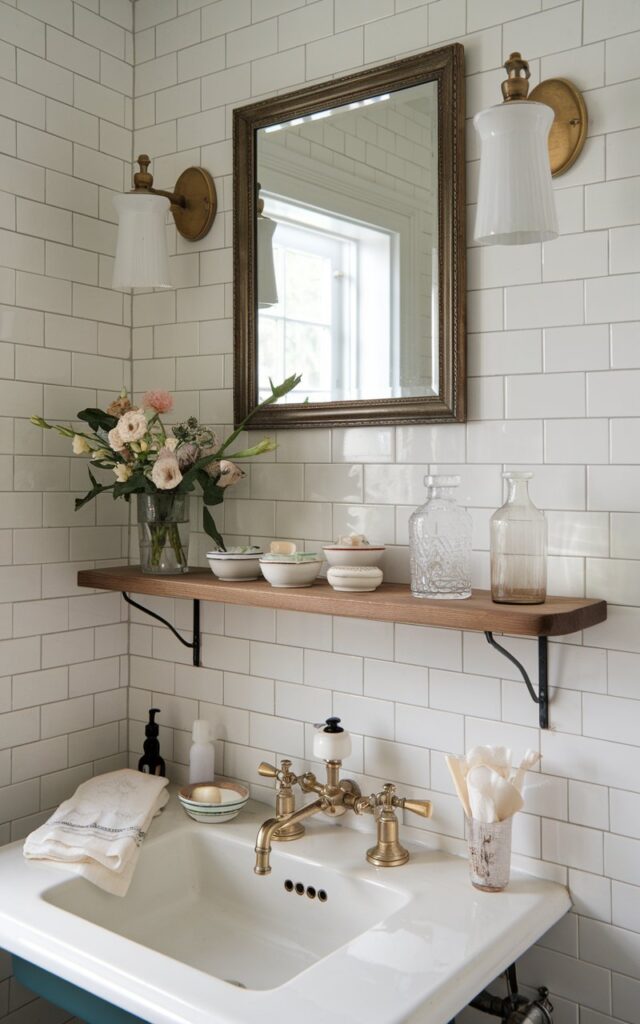 A photo of a traditional bathroom with a classic white subway tile backsplash and a shallow wooden shelf built neatly along the wall just above the sink. The shelf holds delicate porcelain soap dishes, vintage glass bottles, and a small vase of fresh flowers. Warm brass fixtures and a framed antique mirror add timeless elegance, while the shelf provides practical storage without taking up counter space, blending charm and function effortlessly.