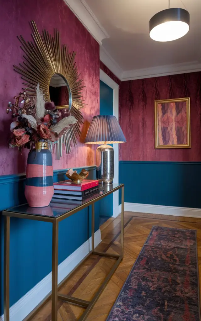 A photo of a 70s regal-style hallway leading to a living room with glam and retro sophistication. Along one wall, there's a slim console table with gold-accented legs. On top of the table, there's a ceramic or lucite vase with dried florals, a vintage lamp with a pleated shade, a stack of glossy art books with vibrant covers, and a dish or brass tray as a stylish drop zone for keys. The walls feature velvet or flocked wallpaper in jewel tones, and there's a sunburst mirror above the console. The ceiling has a modern pendant light, and the floor has parquet flooring and a moody runner rug.