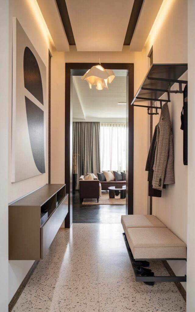 A photo of a Bauhaus-inspired chic hallway leading to a living room. The hallway features bold geometry and refined style. There is an oversized piece of abstract art on the white wall. The hallway has a sleek wall-mounted console with hidden storage, a matte black coat rack with hanging coats, and a floating shoe bench upholstered in neutral fabric. The terrazzo flooring enhances the modern vibe. A sculptural pendant light with warm light adds a touch of softness. The natural light is soft.
