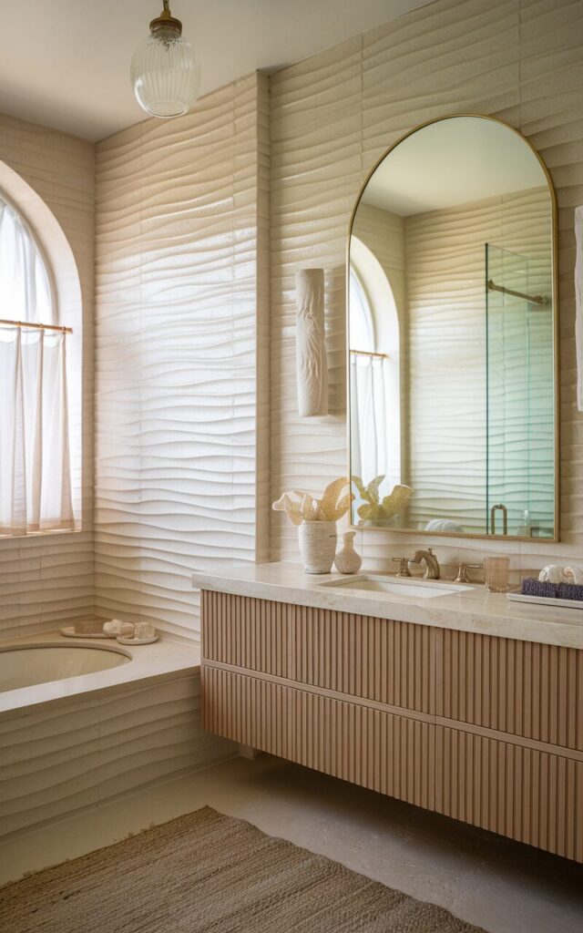 A photo of a luxe bathroom with a California coastal vibe. The walls and a feature section behind the vanity are lined with layered neutral tiles in warm sand and soft ivory tones. These tiles have a wavy, textured finish that evokes the movement of the ocean. A floating oak vanity with fluted details sits beneath a large arched mirror with a champagne gold frame. The space is accessorized with creamy textiles, minimalist coastal décor, and subtle stone elements. Matte gold fixtures and ambient lighting enhance the laid-back luxury feel, blending beachy ease with refined sophistication. The ceiling has a hanging pendant light, and the floor has a rug. There are curtained windows.