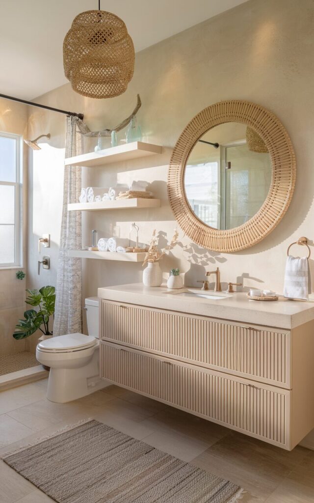 A photo of a beige bathroom with a California coastal-inspired design. The room has a chic, sunlit vibe. The focal point is a large round mirror framed in natural rattan, hanging above a soft beige floating vanity with clean lines and a white quartz countertop. Behind the mirror, the wall is finished in a smooth, sandy-toned plaster that glows in natural light. To the side, open shelving holds rolled white towels, sea-glass bottles, and driftwood accents. A woven pendant light and light oak flooring complete the look, blending effortless coastal ease with modern, curated style. The bathroom has a toilet, a shower area, a curtained window, a floor rug, and a few plants.