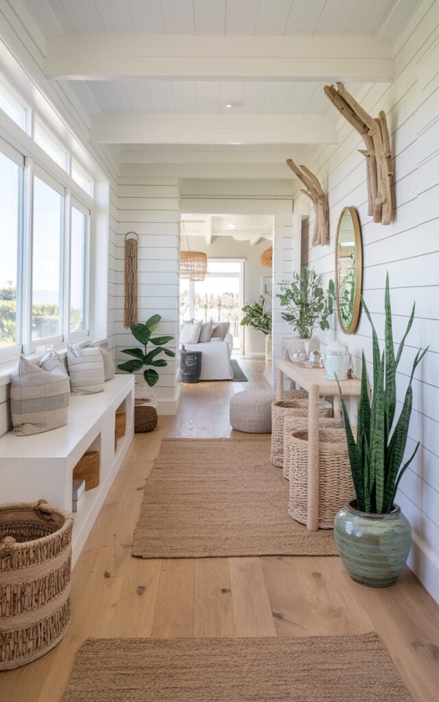 A photo of a California coastal–inspired hallway with biophilic design elements. The hallway has light wood flooring and white shiplap walls. There are large windows that let in natural light. The space has woven baskets, driftwood accents, a tall snake plant in a ceramic pot, and a low fiddle-leaf fig. There is a console with a mirror, an ottoman, and niches for essentials. The hallway has natural textures like rattan, linen, and jute. The hallway leads to an open, relaxed living room.