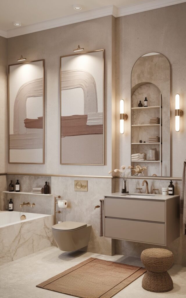 A photo of a European chic bathroom with a clean, elegant design. There are two abstract art pieces in earthy neutral tones displayed above the toilet. The artwork has soft brushstrokes in beige, clay, warm gray, and muted taupe, and is framed in thin gold trim. The walls have a textured finish. There is a sleek floating vanity in soft greige beneath a minimalist arched mirror. Brass fixtures, marble accents, and a woven stool add layered texture. The bathroom is fully furnished with a toilet, bathtub, rug, shelves, etc. Each abstract art has spotlights.