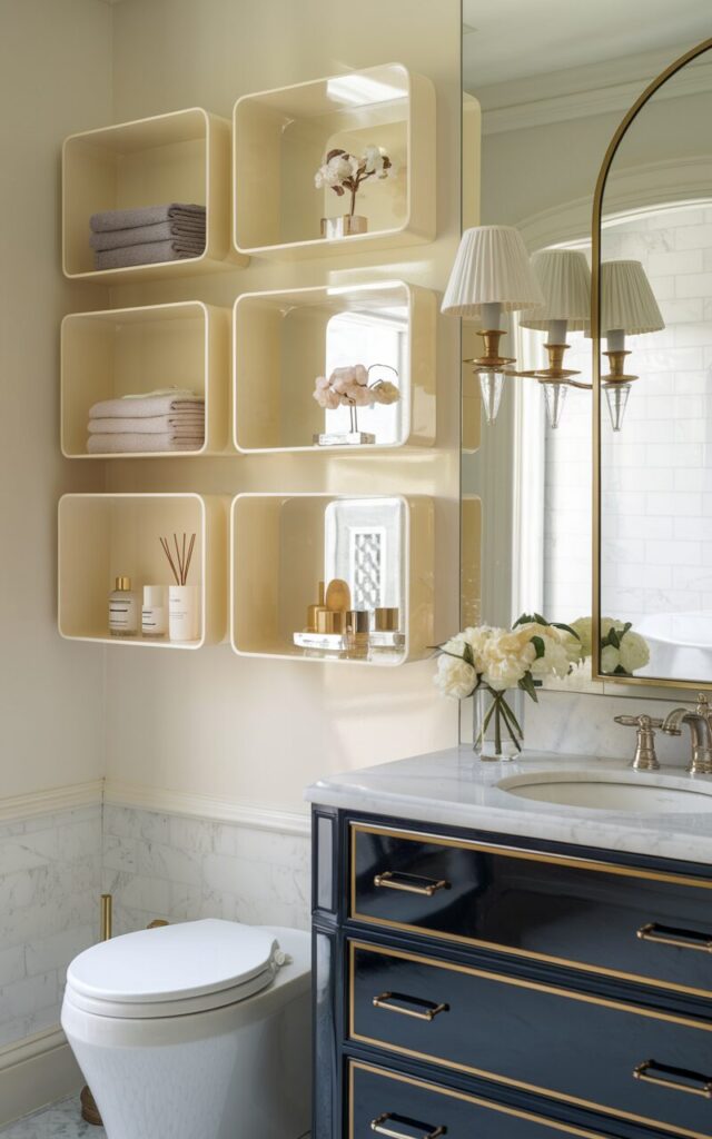 A photo of a European glam-inspired bathroom with 2-3 wall-mounted cubbies in a glossy cream lacquer finish, arranged neatly above the vanity or beside the mirror. Each cubby displays folded hand towels, curated skincare bottles, and a small decorative item like a crystal perfume or candle. The vanity contrasts in a deep navy or charcoal tone with gold-trimmed drawers and a white marble countertop. A sculptural wall-hung toilet and brushed brass sconces with pleated fabric shades flank a grand arched mirror. The space blends high-fashion European elegance with modern function—structured, polished, and effortlessly luxurious.