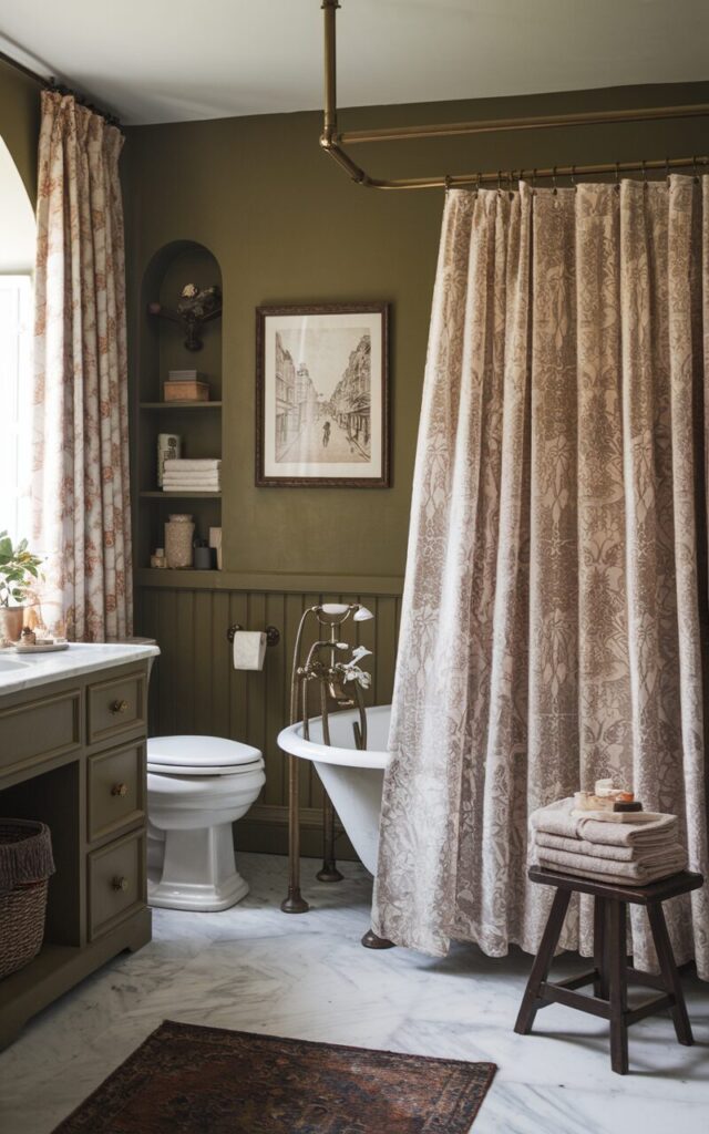 A photo of a European-inspired bathroom. The room has an oatmeal-colored floral patterned linen shower curtain draped from a brass rod. The curtain adds elegance to the room and billows near a classic white clawfoot tub with aged gold fixtures. The walls are painted olive green, and the floor has marble tiles. A vintage wood stool holds folded towels and artisan soap. A framed sketch of an old Paris street scene hangs nearby. The room has a fully furnished vanity, a toilet, storage shelves, a rug, and a curtained window.