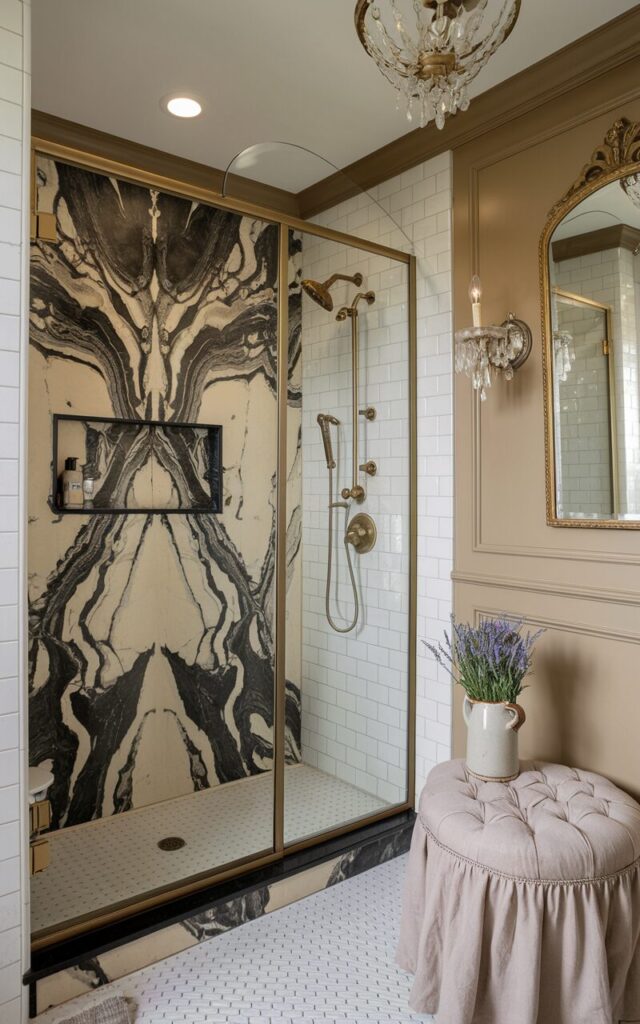 A photo of a French country-inspired bathroom with a glamorous twist. The bathroom has a walk-in shower with a recessed niche accented by a bold, high-contrast marble slab. The marble has rich charcoal swirls on a creamy base and adds opulence against the soft white subway-tiled walls. The shower includes elegant gold fixtures with vintage detailing and a curved glass enclosure framed in brushed brass. The room outside the shower features antique-style wall paneling in warm greige, a gilded mirror, and a delicate chandelier with crystal accents. There is a tufted linen stool and fresh lavender in a ceramic jug, completing the romantic yet elevated aesthetic.