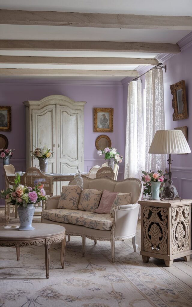 A photo of a French country living room with lavender walls. The room has a vintage whitewashed sofa with floral cushions and an ornate carved sidetable with a lamp. There is a distressed armoire and a lace curtain. The room has light wooden beams. There is a patterned rug, fresh flowers in ceramic vases, and gilded picture frames. The room is illuminated by natural light.