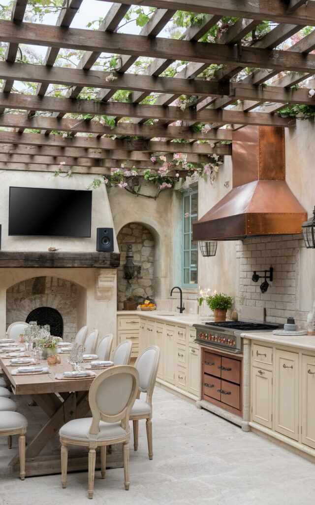 A photo of a French country outdoor kitchen with a timber pergola draped with flowering vines. The kitchen features stone and stucco walls, cream-toned cabinetry, and a copper range hood. There is a flat-screen TV mounted above a rustic mantel, built-in speakers tucked into beams, and a Bluetooth music console near the cooking area. A long farmhouse table with vintage-style chairs and linen table settings is placed in the space. The overall atmosphere is relaxed, elegant, and party-ready, with old-world charm and modern tech seamlessly entwined.