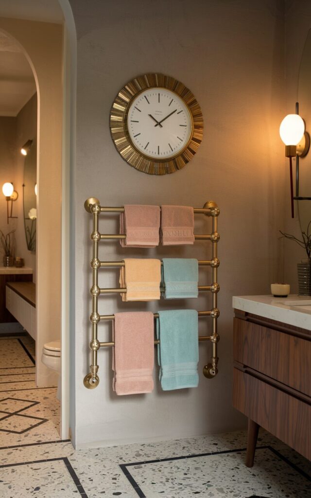 A photo of a mid-century modern bathroom with a fully furnished interior. The room features a stylish wall-mounted towel rack in a brushed brass finish, positioned below a vintage-inspired mid-century clock with a sunburst design and a clean, round face with minimalist numerals. The clock is mounted on a smooth, muted-tone wall, adding a timeless focal point above neatly hung designer towels in pastel shades. The bathroom also contains a wooden vanity, terrazzo flooring with geometric patterns, and sconces providing warm ambient light.