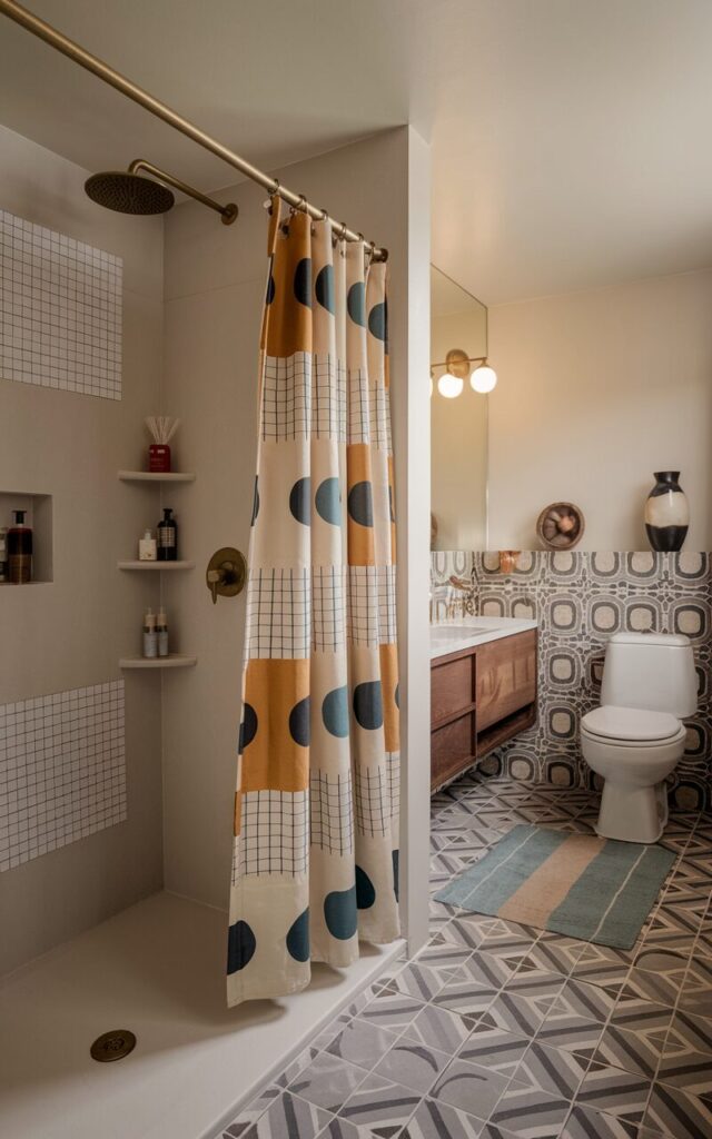 A photo of a mid-century modern bathroom with a fully furnished space. The shower area has a rainfall showerhead, recessed shelves, and a mod-style shower curtain with dot grids and circles in muted hues like mustard, slate blue, or cream. The curtain is hung on a sleek brass rod. The dry area includes a floating wood vanity, bold patterned floor tiles, a toilet, a floor rug, and vintage-inspired lighting. There are a few curated accessories, such as a sculptural vase and a retro soap dish. The overall aesthetic is airy, functional, and true to mod-era simplicity. The natural light is soft and ambient.