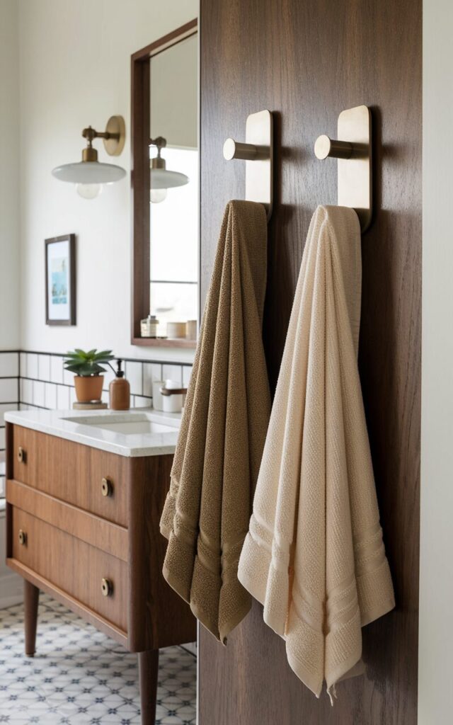 A photo of a mid-century modern bathroom with a fully furnished vanity. There are two sleek peg hooks in a brushed brass finish mounted on a wooden wall near the vanity. Soft, neatly draped designer towels in earthy or muted tones—like olive, clay, or cream—hang casually on each hook, adding texture and warmth. The peg hooks offer both function and a minimalist design statement. The surrounding space features a walnut vanity, mid-century lighting, and patterned flooring. Subtle decor elements like a small framed print, potted plant, and vintage accessories complete the clean, retro-inspired look.