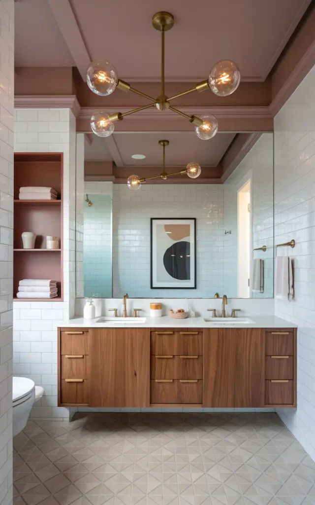 A fully furnished mid-century modern bathroom with a bold yet elegant aesthetic. The ceiling is painted in a muted pastel dusty pink, creating a soft contrast against crisp white walls and warm wooden cabinetry. A sculptural mid-century style chandelier with brass arms and globe bulbs (Warm light on) hangs from the center, drawing the eye upward and adding a retro-luxe touch. The vanity features clean lines, walnut wood tones, and a white countertop, paired with brushed brass fixtures. A large mirror anchors the space, while geometric patterned floor tiles in neutral shades add visual rhythm. The room includes built-in shelving with folded towels, a few ceramic decor pieces, and a framed abstract print. A combination of natural and ambient lighting completes the polished, cohesive look.