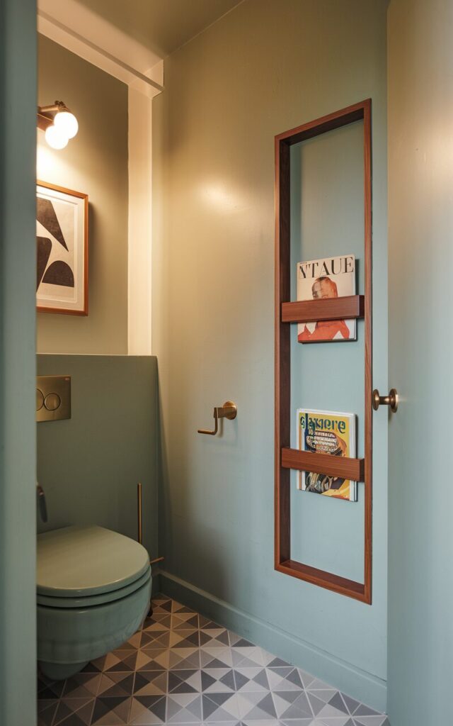 A photo of a mid-century modern bathroom with a built-in magazine rack. The rack is seamlessly integrated into the wall beside the toilet and features a slim, rectangular niche framed in walnut or teak wood. The niche holds a few vintage-style magazines with bold, retro covers. The bathroom has soft-toned walls, a curved-edge toilet, and geometric floor tiles. There is minimalist art, warm lighting, and brass or matte black fixtures. The space has a clean yet character-rich mid-century look.