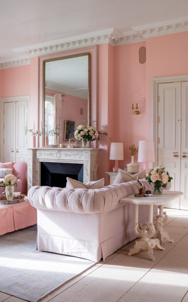 A photo of a Gustavian-style living room painted in soft blush pink. There is a cozy sofa section upholstered in light linen with tufted details. Beside the sofa, a delicate white-painted side table holds vintage decor and a small bouquet of fresh flowers. The fireplace is ornately decorated with classic moldings and a large mirror above the mantel. Light hardwood floors, pastel accents, and subtle gold hardware complete this sophisticated yet warm and inviting space. The room is bathed in soft, filtered natural light.