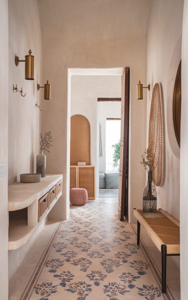A photo of a hallway with a Mediterranean and modern chic design. The floor is the statement piece, with a light-toned stone or concrete floor hand-stenciled with a repeating pattern of floral Moroccan-inspired motifs in muted blues and warm terracotta hues. The walls are smooth white plaster, complemented by brushed brass wall sconces. A slim console table with wicker drawers, a round mirror, and a few curated décor pieces add function and charm. Hooks, a narrow bench, and hidden storage offer practical touches. The patterned floor brings character and Mediterranean warmth, anchoring the hallway in both style and purpose.