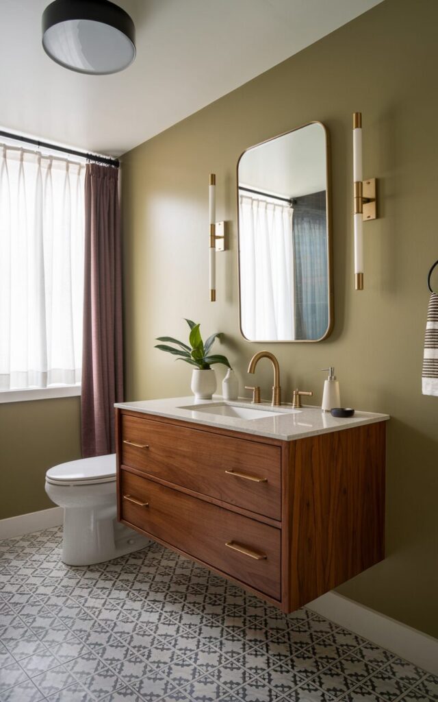 A photo of a mid-century modern bathroom with a walnut vanity, white quartz countertop, a rectangular mirror, brass rod sconces, a muted olive wall, black or brass fixtures, patterned floor tile, a potted plant, and a minimalistic overhead fixture. The room has a toilet, a curtained window, and is well-lit with natural light.