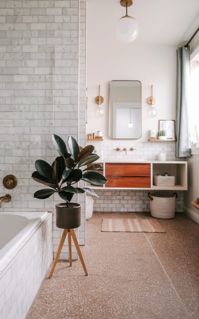 A photo of a mid-century modern full bathroom with a clean, functional layout. In the corner beside the bathtub, a small tripod-legged plant stand with a pot in natural wood holds a small lush rubber plant with broad leaves. The plant adds a pop of deep green to the space, complementing the warm wood tones of the floating vanity and the brass accents from the mirror sconces. The backdrop features a terrazzo tile floor, marble tiled walls, and a minimalist globe pendant light above. The overall look is airy, curated, and stylishly organic. The bathroom is furnished with an open shelf, floor rug, storage baskets, curtained window, etc. Natural light is soft, ambient.