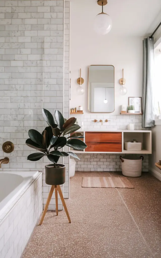 A photo of a mid-century modern full bathroom with a clean, functional layout. In the corner beside the bathtub, a small tripod-legged plant stand with a pot in natural wood holds a small lush rubber plant with broad leaves. The plant adds a pop of deep green to the space, complementing the warm wood tones of the floating vanity and the brass accents from the mirror sconces. The backdrop features a terrazzo tile floor, marble tiled walls, and a minimalist globe pendant light above. The overall look is airy, curated, and stylishly organic. The bathroom is furnished with an open shelf, floor rug, storage baskets, curtained window, etc. Natural light is soft, ambient.