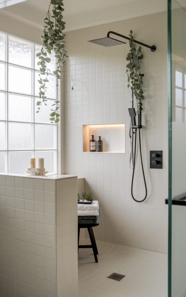 A photo of a modern chic bathroom with a small half wall. The bathroom features a sleek rainfall showerhead adorned with fresh eucalyptus sprigs hanging delicately. Soft natural light filters in through frosted glass windows, highlighting clean white tiles and matte black fixtures. The shower area has recessed shelving with LED light, a stool with a towel, etc. The minimalist design with subtle greenery accents creates a calming spa atmosphere.