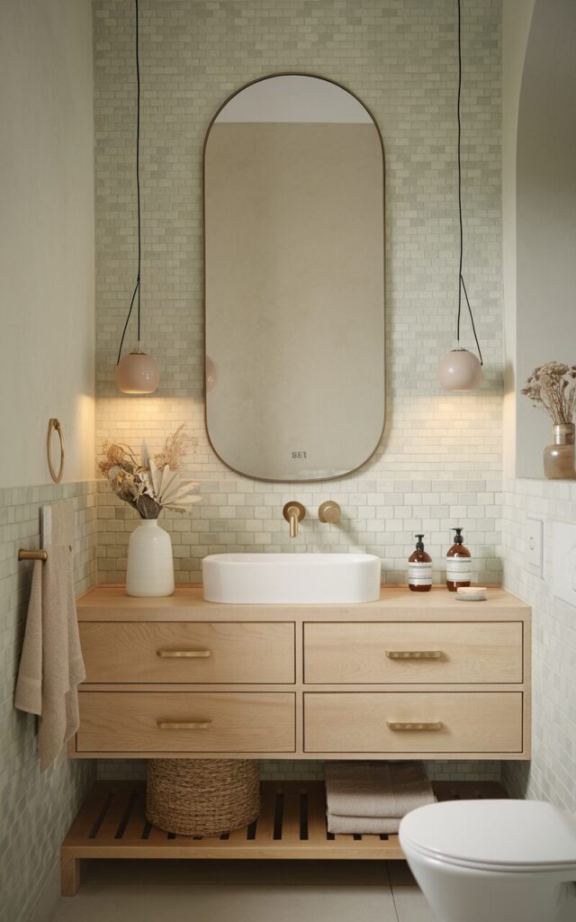 A photo of a Scandi-chic bathroom with a serene, minimalist aesthetic. The room features a light oak vanity with flat-front drawers and a white porcelain sink. Above the vanity, there is a frameless mirror with two minimalist pendant lights hanging on either side. The pendant lights have simple orb-shaped shades in soft taupe and are suspended from thin black cords. The room has a textured zellige tile backsplash in pale sage and polished brass towel hooks with towel and soap dispensers. There is also a white vase with dried flowers and a woven basket below the vanity. The room has a warm, focused glow.