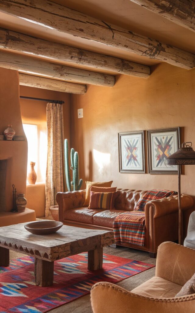 A photo of a Southwestern traditional-style living room painted in warm golden ochre. The room has a cozy desert-inspired glow. The walls complement a mix of rustic wood beams, textured adobe elements, and earthy-toned furniture. There is a leather sofa with colorful woven blankets and patterned cushions sitting atop a bold tribal rug. A carved wooden coffee table, clay pottery, wrought-iron floor lamp, and a kiva-style fireplace bring balance to the space. A cactus plant, framed Native-inspired artwork, and soft natural light enhance the warm and inviting Southwestern charm. The natural light is soft and filtered through a curtained window.