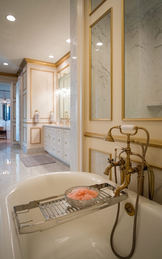 A photo of a spa-like regal bathroom with a polished marble floor and a deep soaking tub framed by ornate gold fixtures and wainscoting. The bath tray holds a small porcelain or cut-glass bowl with glistening pink Himalayan salt crystals, catching the light and adding a touch of understated luxury. The bathroom has a vanity, floor rug, and ceiling LED lights.