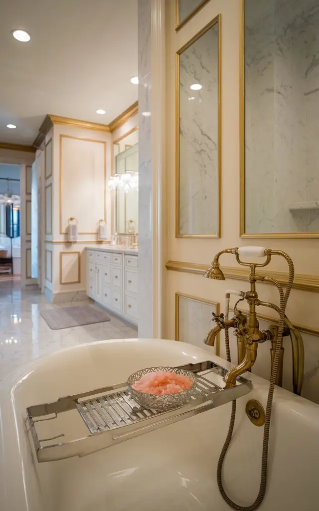 A photo of a spa-like regal bathroom with a polished marble floor and a deep soaking tub framed by ornate gold fixtures and wainscoting. The bath tray holds a small porcelain or cut-glass bowl with glistening pink Himalayan salt crystals, catching the light and adding a touch of understated luxury. The bathroom has a vanity, floor rug, and ceiling LED lights.