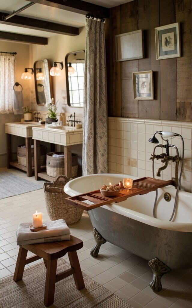 A photo of a traditional bathroom with rustic charm. There's a rich teak wood bath tray with a tiny bowl of dried petals, a book, and a tea light, stretched across a classic clawfoot tub. A matching teak stool is placed nearby, holding a folded linen towel, a small candle, and a bar of artisanal soap. The wall behind the bathtub is wood panelled and has two or three framed art. The space has cream tiles, aged brass fixtures, and soft lighting, creating a warm, earthy spa ambiance. There are also woven baskets, exposed beams, a double vanity with mirrors, a floor rug, and a curtained window.