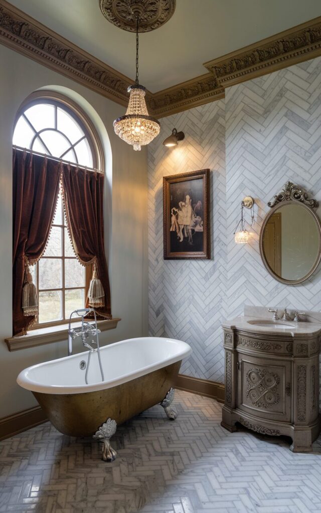 A Victorian-inspired bathroom featuring an accent wall behind the clawfoot tub and floor in elegant marble tiles arranged in a herringbone pattern. The room has a tall, arched window with velvet curtains and a vintage chandelier. There's a carved wood vanity with a marble top near the tub. A Victorian-era art piece is framed on the wall and has a spotlight. The room has ornate crown molding and a decorative ceiling medallion. 