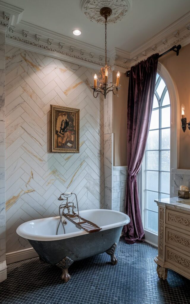 A photo of a Victorian-inspired bathroom with a clawfoot tub. The wall behind the tub features a herringbone pattern of elegant marble tiles with soft golden veining. A Victorian-era art piece hangs on the wall, illuminated by a spotlight. The room has ornate crown molding and a decorative ceiling medallion. A vintage chandelier with candle-style bulbs hangs above the vanity. The tub sits on black-and-white patterned tiles, and a carved wood vanity with a marble top adds depth. Velvet curtains in a dusty plum tone are tied back near a tall, arched window. The space has a regal yet welcoming atmosphere, with subtle marble detailing enhancing its romantic mood.