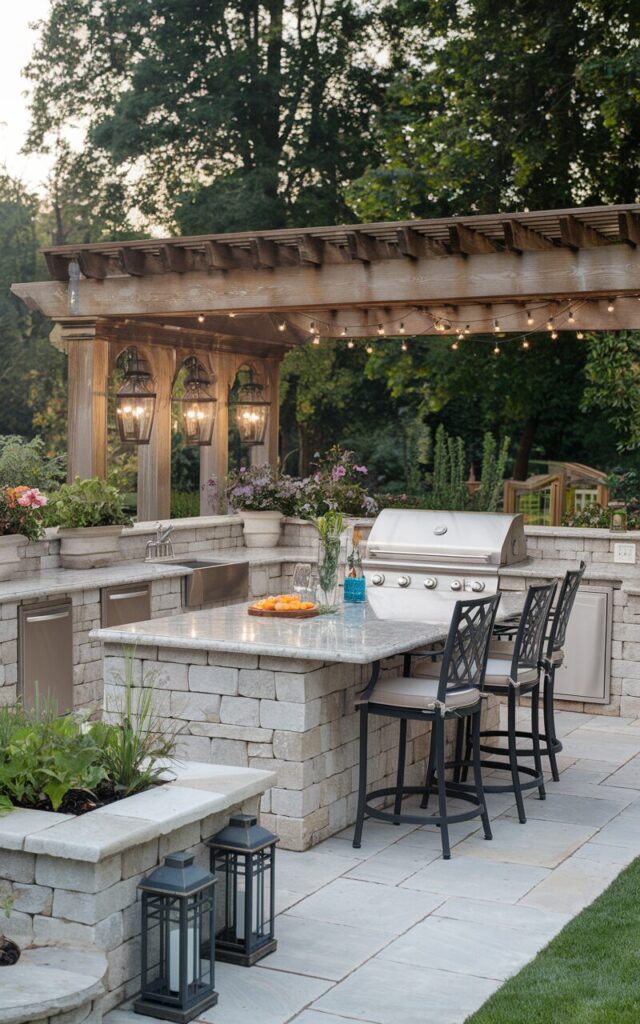 A photo of a traditional-chic outdoor kitchen set in a lush backyard. The main feature is a large central island made of natural stone with a polished marble countertop. It serves as a prep area and casual dining spot with stylish bar stools. The kitchen includes a built-in grill, sink, and storage cabinets with shaker-style fronts. A wooden pergola with string lights adds warmth and charm. Planters with herbs and flowering plants surround the island. Elegant lantern sconces enhance the traditional aesthetic. The scene is both inviting and functional, perfect for outdoor entertaining.