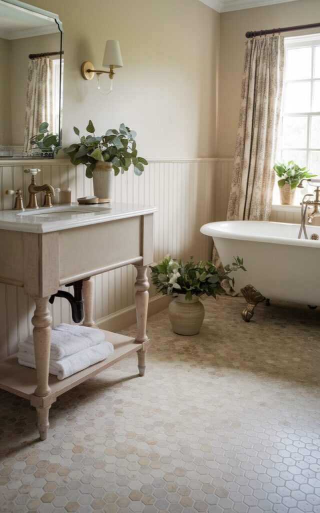 A photo of a beautifully furnished farmhouse bathroom with a touch of English countryside charm. The floor is covered with elegant hexagon tiles in soft neutral tones, featuring a mix of cream, warm gray, and muted beige shades. A freestanding vintage vanity with turned legs sits gracefully against beadboard-paneled walls, topped with a porcelain sink and brushed brass faucets. A clawfoot tub near a curtained window and fresh greenery in ceramic pots complete the look. The textured tile pattern anchors the room with a refined yet rustic appeal.