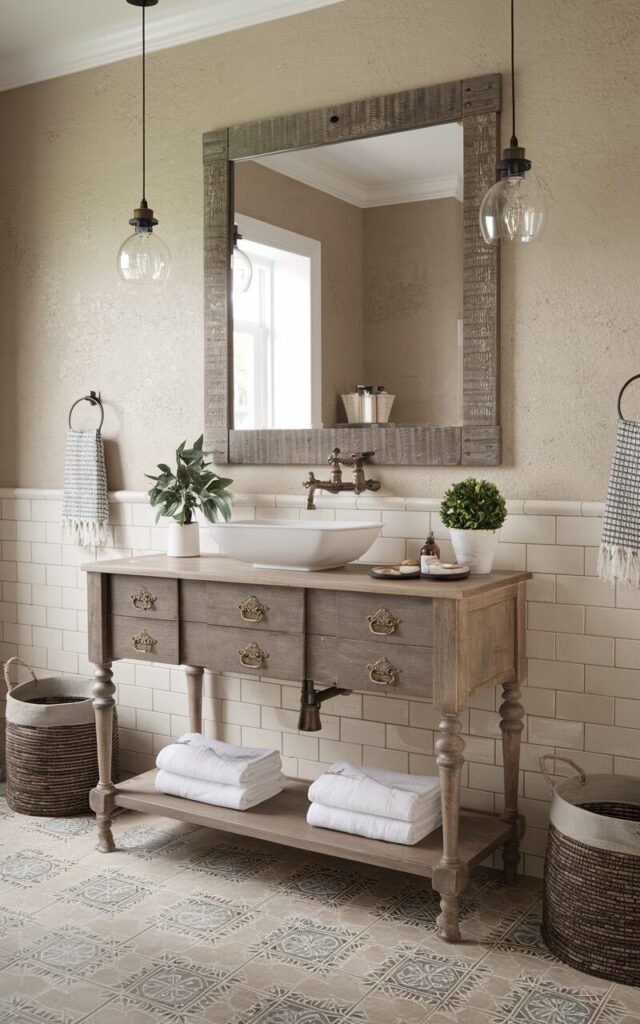 A photo of a modern farmhouse bathroom with a freestanding vintage vanity as the focal point. The vanity is made of distressed wood with ornate legs and antique brass hardware, and it is topped with a white porcelain vessel sink and a bronze faucet. The walls are beige textured, and the floor is covered with patterned encaustic cement tiles in muted tones. Above the vanity, a large reclaimed wood-framed mirror hangs, flanked by farmhouse-style pendant lights. Decorative elements like potted greenery, woven baskets, and neatly folded towels are placed around the room.