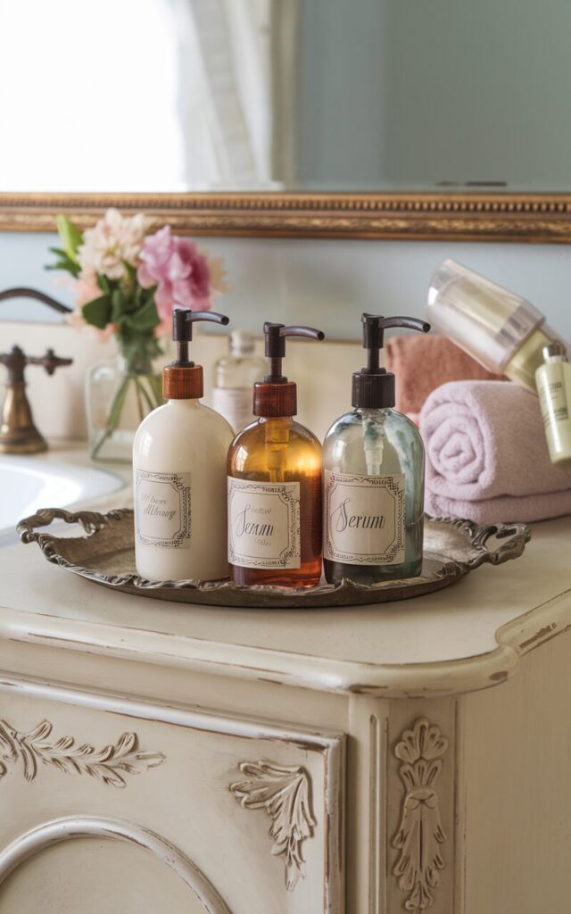 A photo of a vintage chic bathroom vanity with a wooden vanity. The vanity has a distressed cream paint and elegant carved details. On the countertop, there is a decorative antique silver tray holding 2 to 3 apothecary-style glass bottles in soft amber and smoky green tones. Each bottle has a vintage-inspired label 'facewash', 'serum', and ornate pumps or stoppers. The bottles contain luxe lotions and bath oils. There is a small vase of fresh flowers, rolled towels, and a gold-framed mirror behind the vanity. The scene has soft pastel linens and a few curated vintage accessories, making the vanity feel like a pampering nook straight out of a boutique hotel.