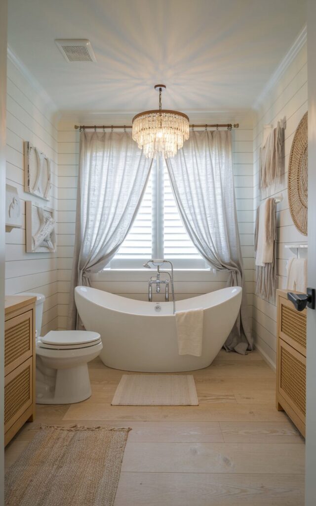 A photo of a coastal-style ensuite bathroom with a mini chandelier above a freestanding tub. The tub is white and sculptural, placed beneath a closed window with gauzy linen curtains. The room has sandy tones, natural textures, and crisp whites, with light oak flooring and rattan or driftwood accents. There is a shiplap wall, coastal art, an oak vanity, a toilet, and a floor rug. The room has no natural light, only light from the chandelier.