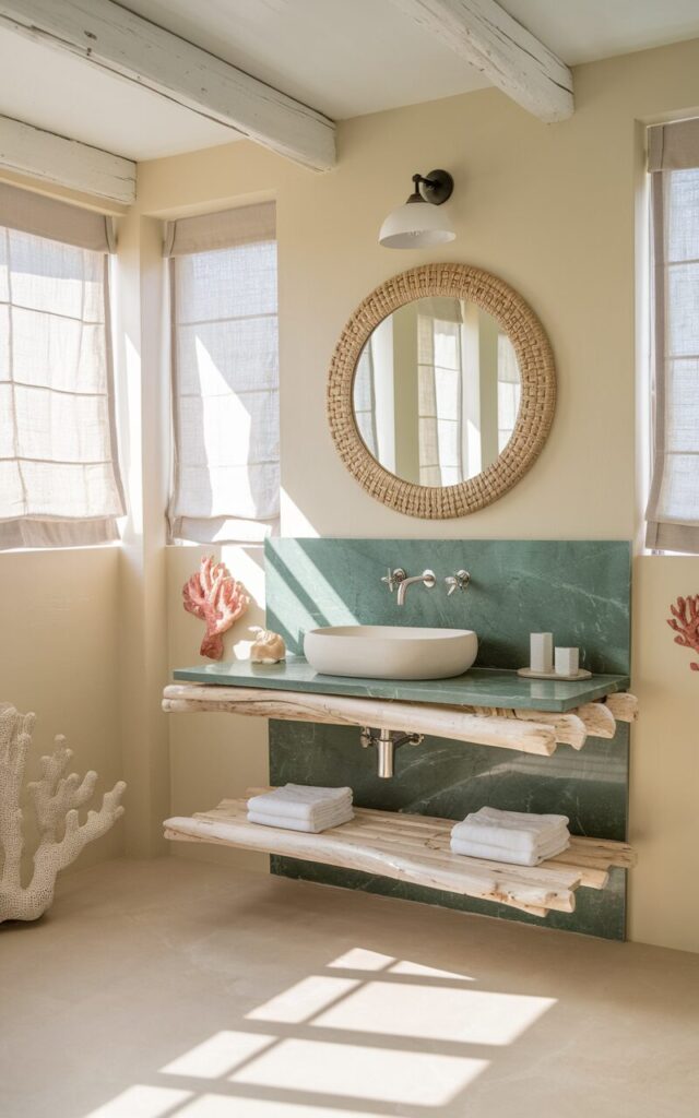 A photo of a coastal chic bathroom with a green marble slab backsplash and a minimalist floating vanity. The vanity is made of light driftwood and has a sleek white vessel sink and brushed nickel fixtures. Above the vanity, there is a round mirror with a woven rattan frame. The walls are pale sand-colored. The bathroom has a coral-inspired décor element. The space has linen-draped windows that let in soft natural light.