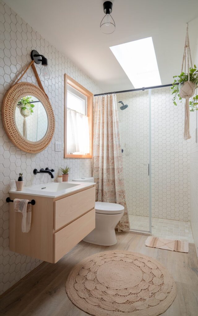A photo of a bright and airy Scandi bathroom with a soft Boho touch. The walls are covered with light-colored, hexagon-shaped tiles in shades of ivory and pale beige. The space contains a minimalist floating vanity in light wood, a round mirror with a woven rattan frame, and matte black fixtures for contrast. Boho details, such as a patterned jute rug and a hanging macramé planter, add warmth and personality. The bathroom has a toilet, shower area, curtained window, and a skylight that bathes the space in natural light. The floor is wooden. There is a recessed ceiling with a pendant light. The natural light is soft and ambient.