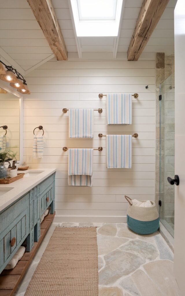 A photo of a bright and airy bathroom that blends Alpine chic warmth with California coastal ease. The room has white shiplap walls, reclaimed wood beams, and light stone floors. There is a feature wall with a playful zig-zag pattern of brushed brass towel bars, holding soft, striped towels in sandy beige and ocean blue tones. The room is accented with a weathered vanity with LED mirrors, driftwood decor, a cozy woven rug, and a skylight that bathes the space in natural light. The space evokes both mountain lodge and seaside retreat vibes.