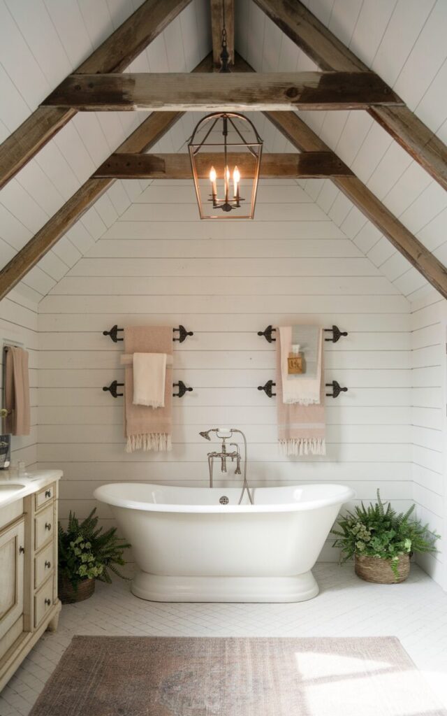 A photo of a bright and airy farmhouse bathroom with a dramatic vaulted ceiling featuring exposed wooden beams. Below the beams, a freestanding white clawfoot tub sits against a wall of white shiplap. Just above the tub, a rustic wooden towel rack with black wrought-iron brackets is mounted for easy reach, holding thick, cozy towels in soft neutrals. The space is accented with a vintage vanity, a rug, a lantern-style chandelier with light on, and potted greenery, creating a warm, welcoming farmhouse charm with an open, lofty feel.