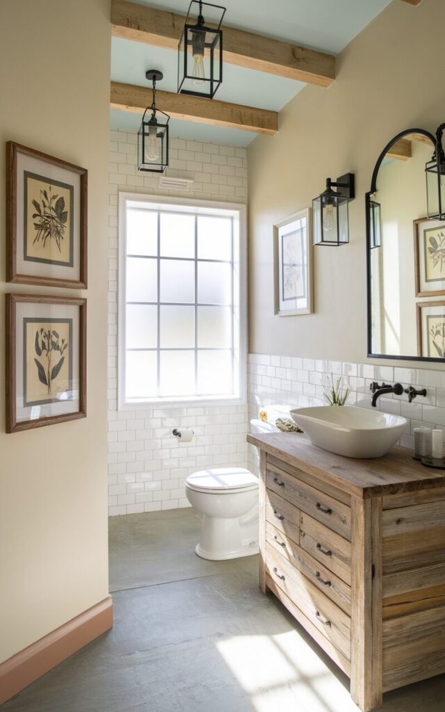 A photo of a bright and airy modern farmhouse bathroom with walls painted in creamy ivory and soft greige tones. The room features a reclaimed wood vanity topped with a white vessel sink and matte black fixtures. There are two to three framed vintage botanical prints with rustic wooden frames hanging on one wall. The space has a toilet, shower area, and wooden beam ceiling with lantern pendant lights. Natural light streams through a frosted window, creating a cozy, inviting atmosphere.