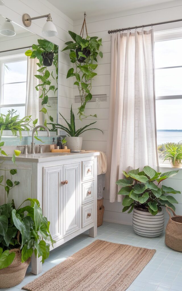 A bright and airy modern farmhouse meets coastal bathroom, flooded with natural light. Lush green plants—like potted ferns, trailing pothos, and a small fiddle leaf fig—are thoughtfully placed around the space, bringing vibrant pops of life and a fresh, organic vibe. The vanity is a weathered white wood piece topped with a natural stone countertop, paired with brushed nickel hardware. Soft linen curtains flutter near a large window that overlooks a serene coastal landscape. Natural textures like woven baskets, driftwood accents, and a jute rug complement the greenery, while white shiplap walls and pale blue tile nod to coastal breeziness. The plants soften the clean lines and add a breath of fresh air, turning the bathroom into a relaxing nature-inspired retreat. Natural light is soft, ambient.